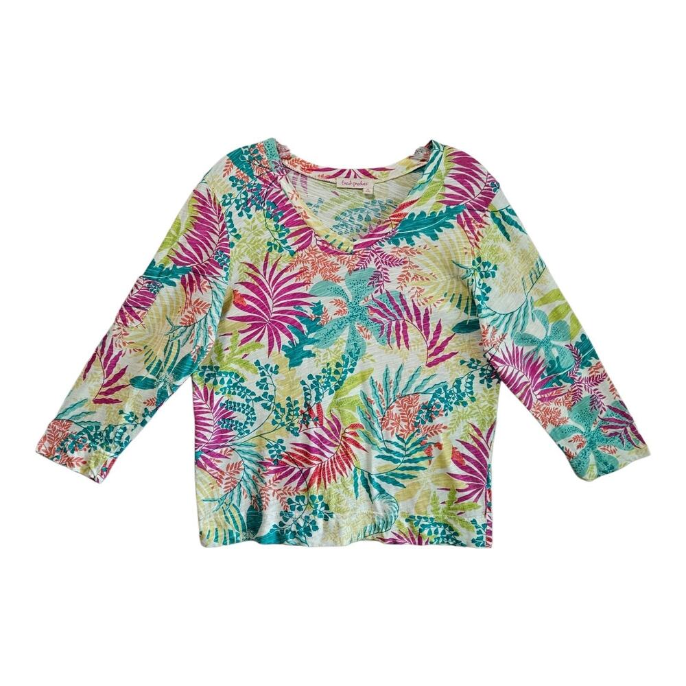 FRESH PRODUCE Women M Top Tropical Floral Ferns Palms Multicolor 3/4 Sleeve 38"